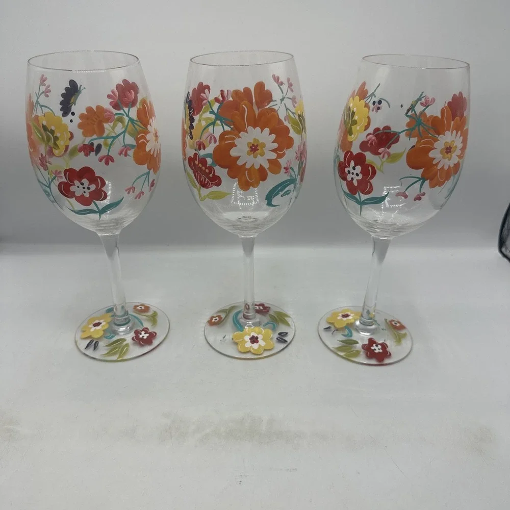 Pier 1 Hand Painted Spring Floral Wine Glasses (3) 9-1/2